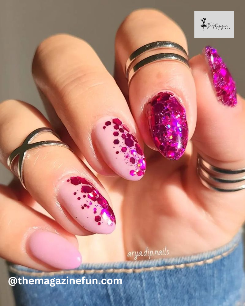 Half Pink Glitter, Half Natural Nails